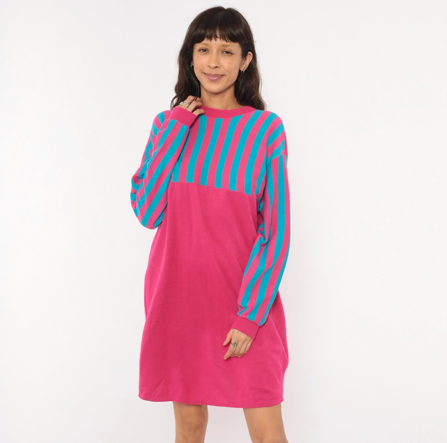 80s Sleep Mates Striped Sweatshirt Dress Hot Pink Teal Knee-Length Small