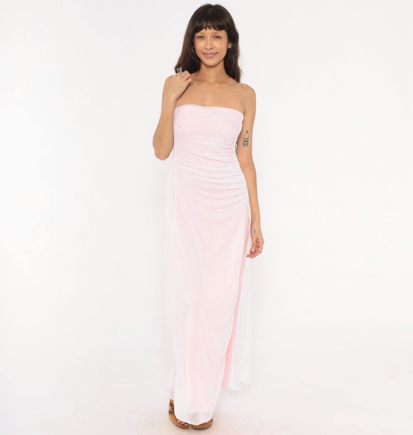Y2K Baby Pink Strapless Maxi Gown Rhinestone Sweetheart Neckline Large L