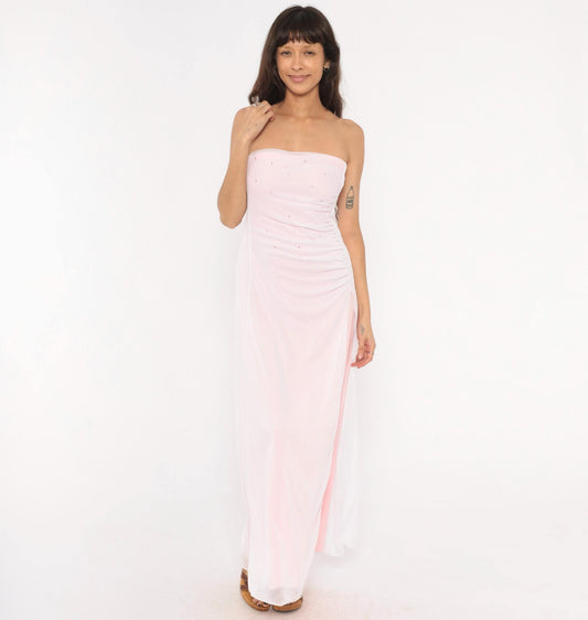 Y2K Baby Pink Strapless Maxi Gown Rhinestone Sweetheart Neckline Large L