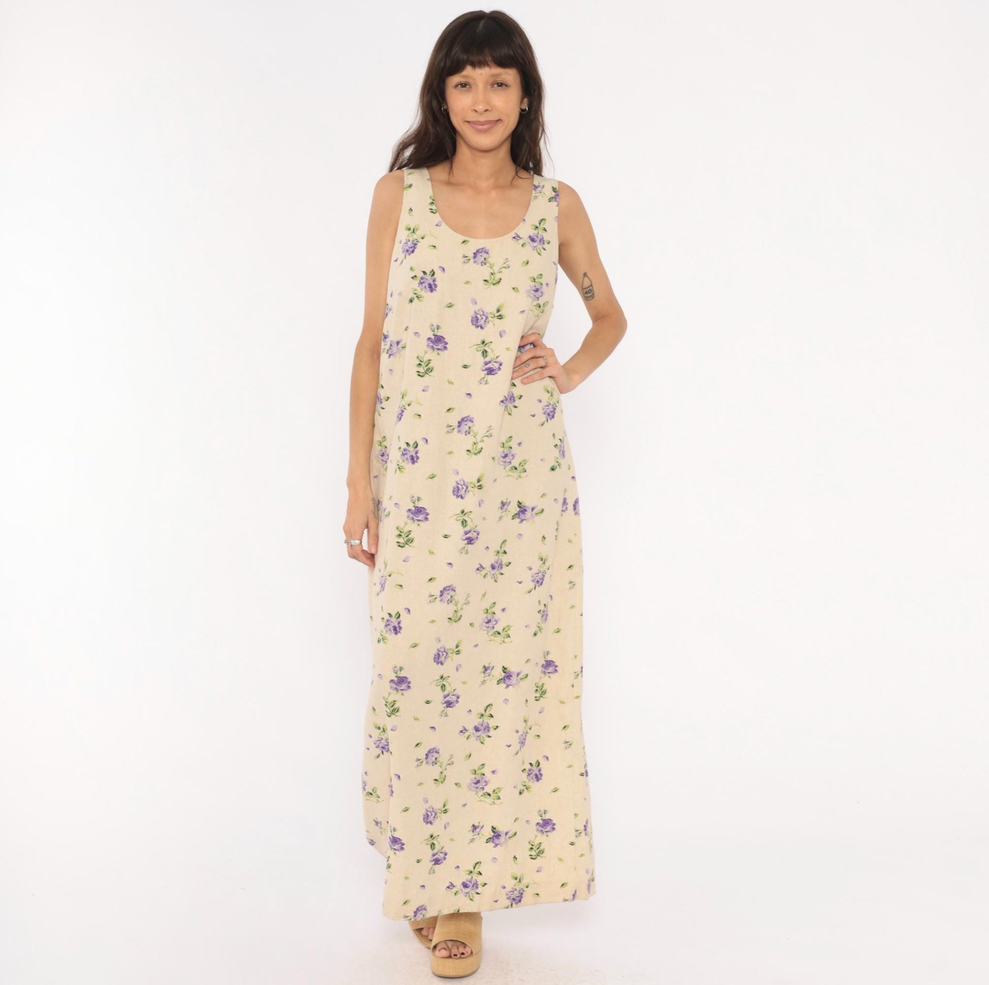 90s Liz Baker Floral Linen Maxi Dress Purple Rose Cream Tank Sleeveless Extra Large XXL