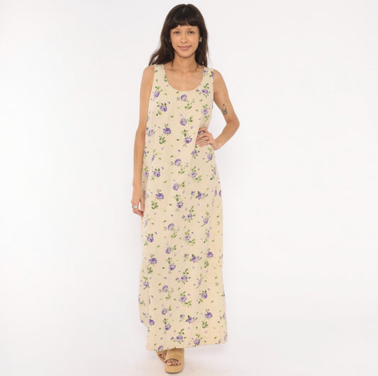 90s Liz Baker Floral Linen Maxi Dress Purple Rose Cream Tank Sleeveless Extra Large XXL