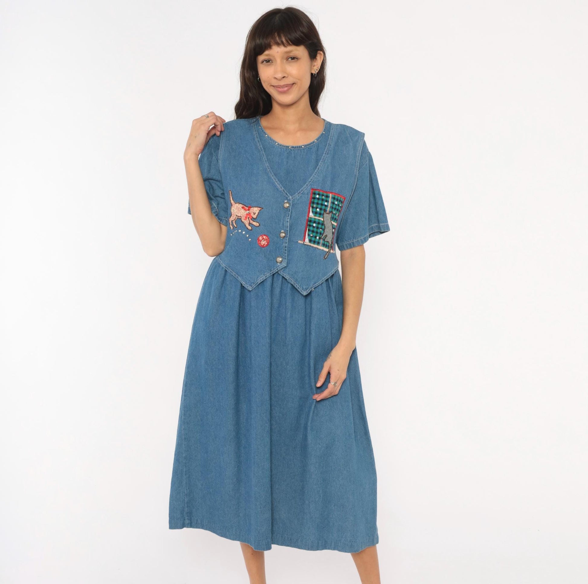 90s Miss & Mrs Cat Denim Midi Dress Patchwork Kitten Window V-Neck Cotton Large L