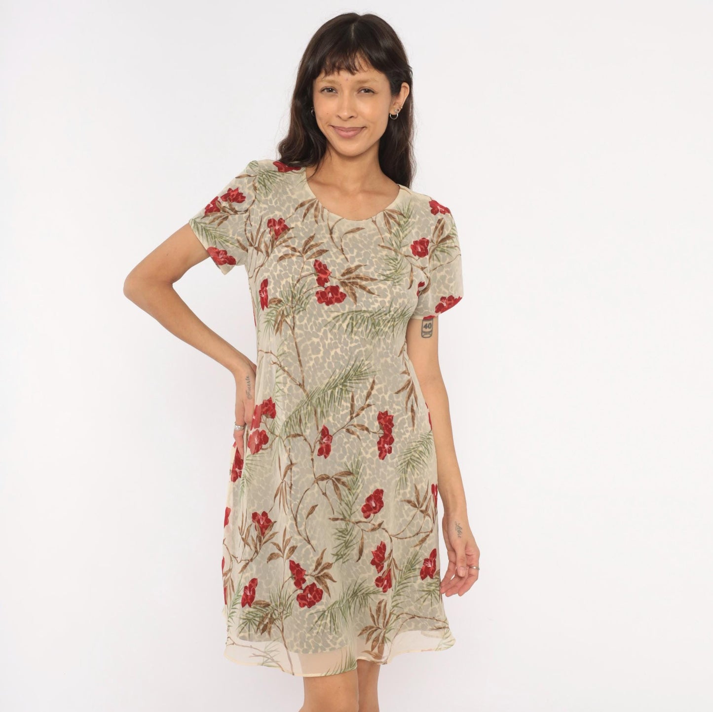 90s Jessica Howard Leopard Floral A-Line Dress Tan Tropical Print Medium M