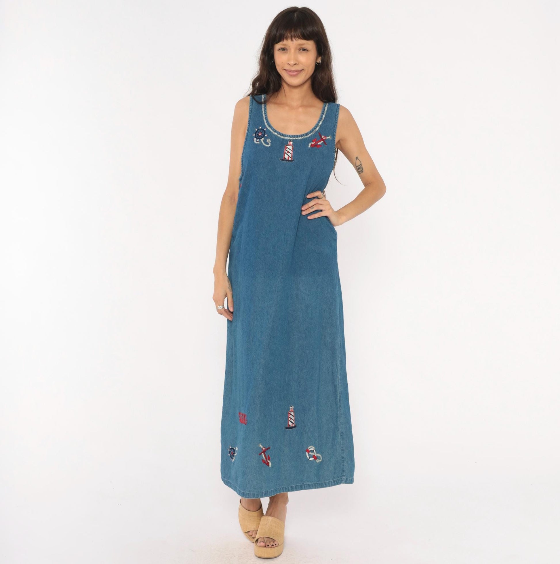 90s Keren Hart Nautical Denim Maxi Dress Embroidered Lighthouse Anchor Medium M
