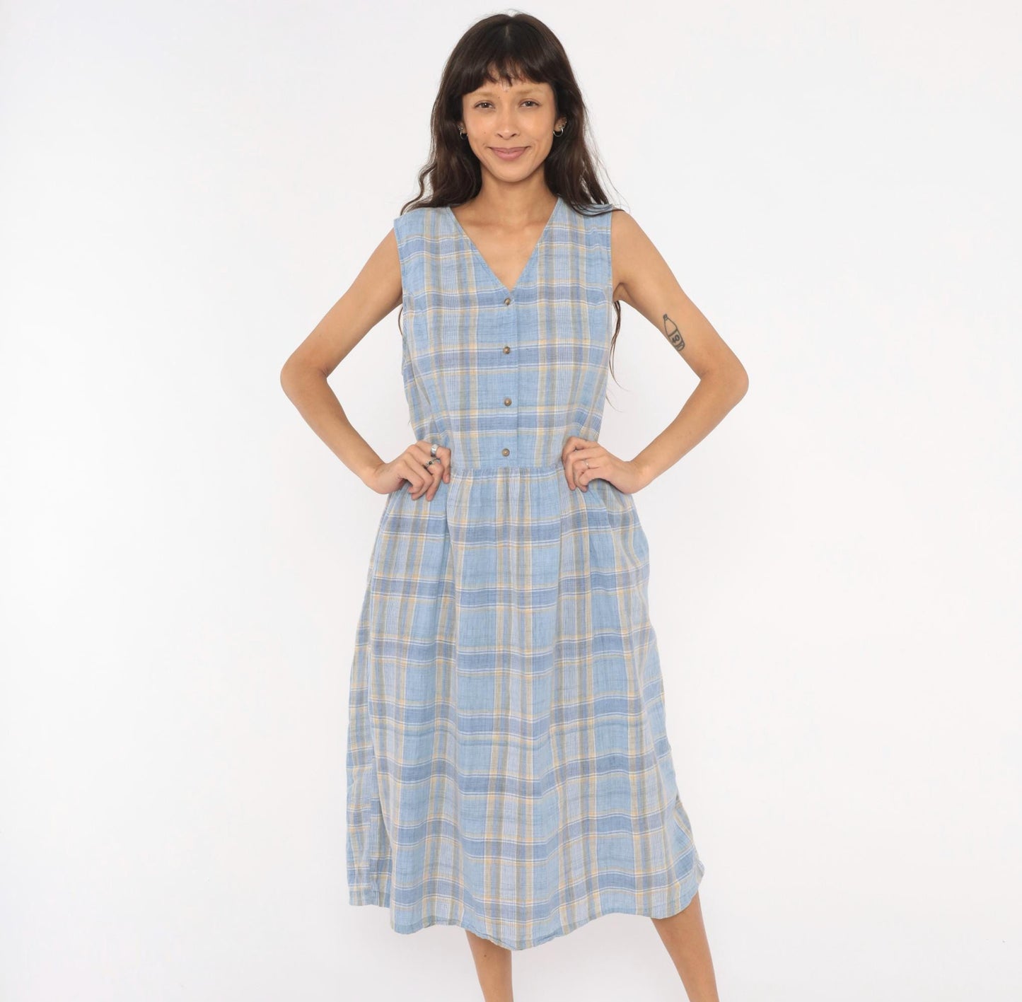 90s Lands' End Blue Plaid Cotton Midi Sundress Button Front Large L