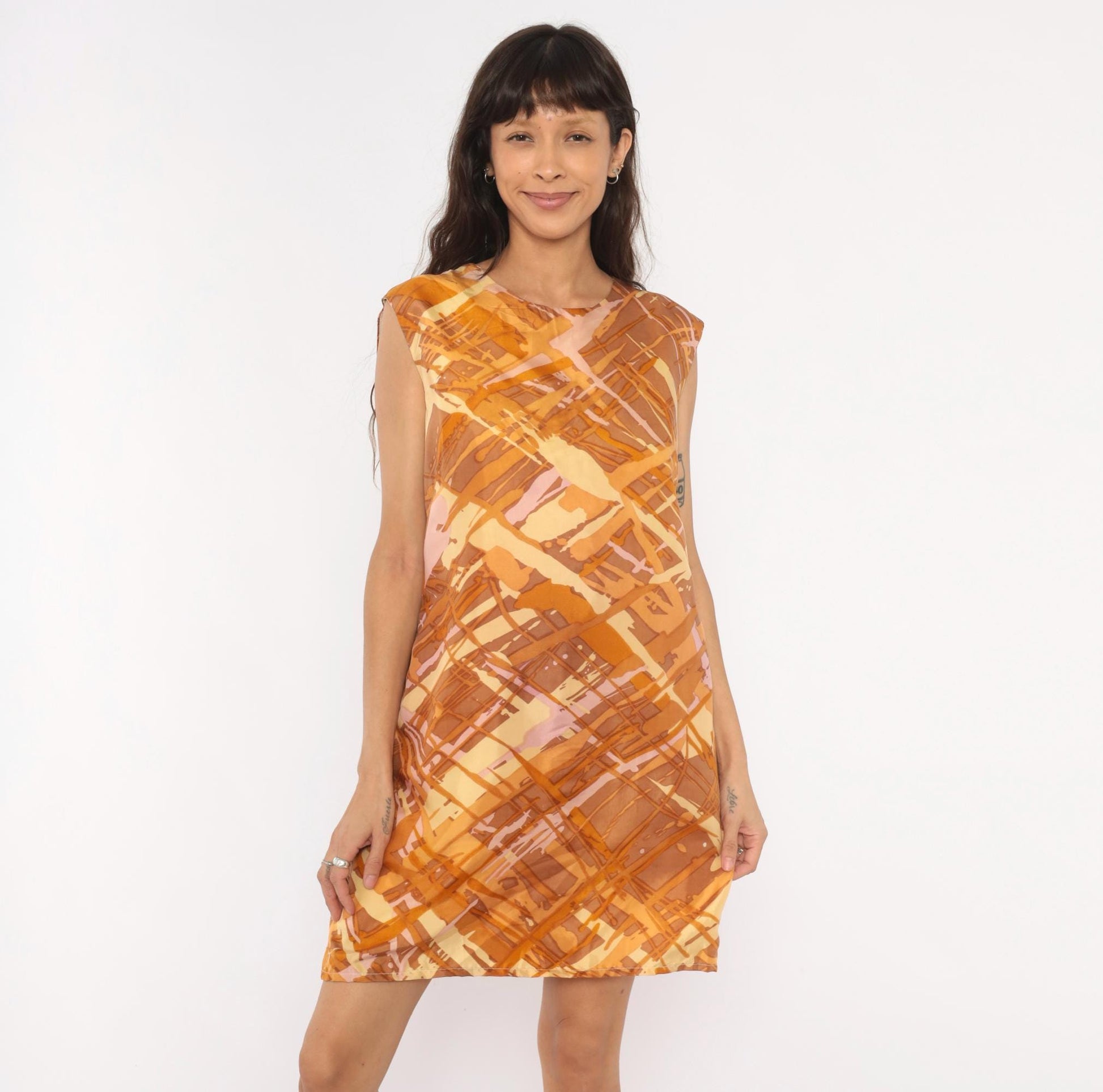 60s Mod Abstract Brushstroke Shift Dress Sleeveless Knee-Length Orange Brown Large L