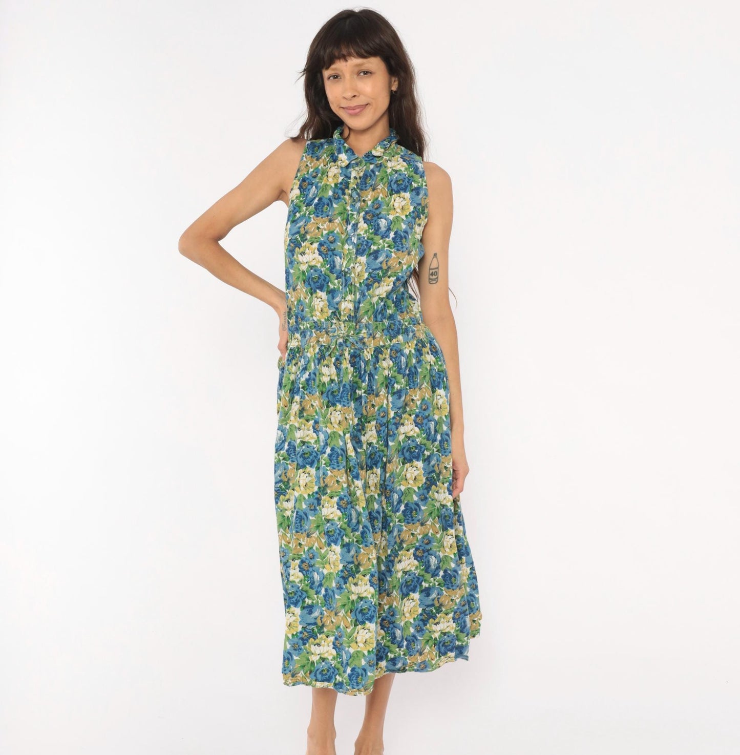 90s Penbrooke Lane Floral Shirtdress Midi Collared Sleeveless Blue Rose Medium M