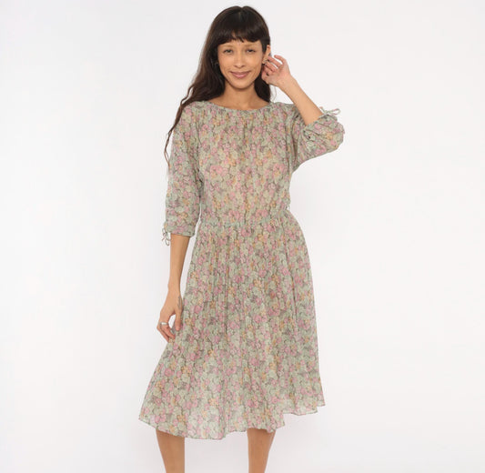 70s Bleeker Petites Floral Blouson Dress Pink Sage Green Tie Sleeve Small Medium