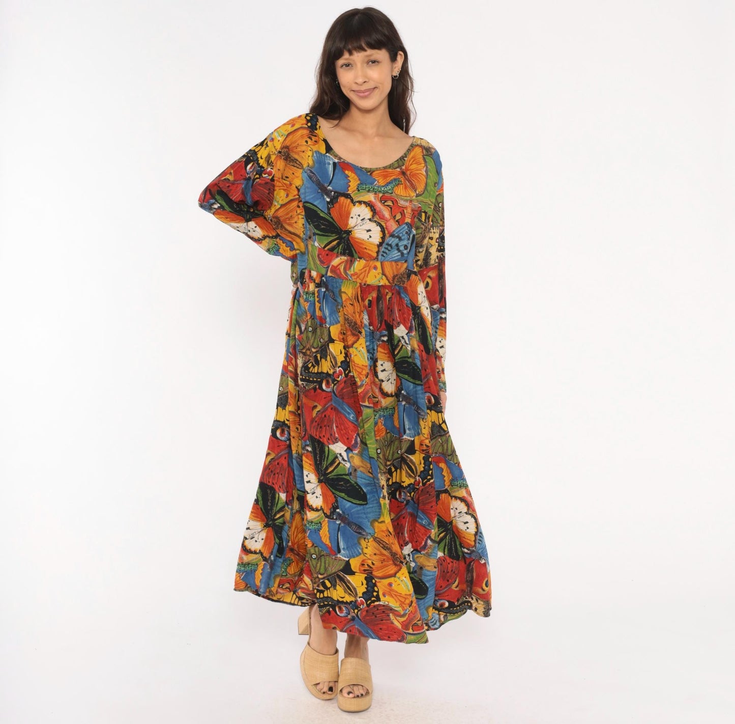 90s We Bebop Butterfly Maxi Dress Empire Waist Long Sleeve Multicolor Extra Large XXL