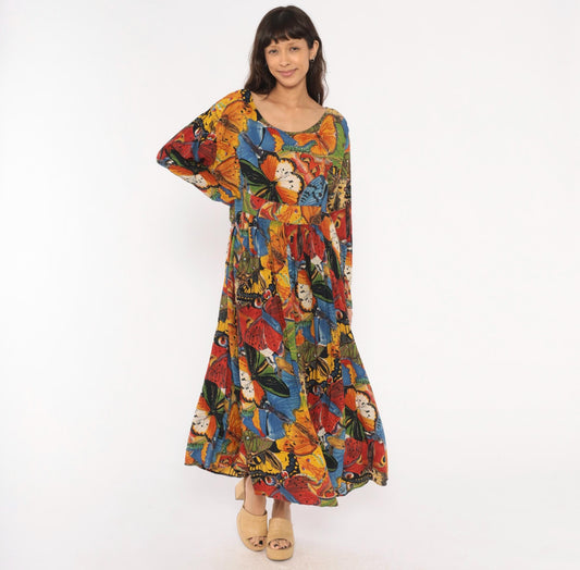 90s We Bebop Butterfly Maxi Dress Empire Waist Long Sleeve Multicolor Extra Large XXL