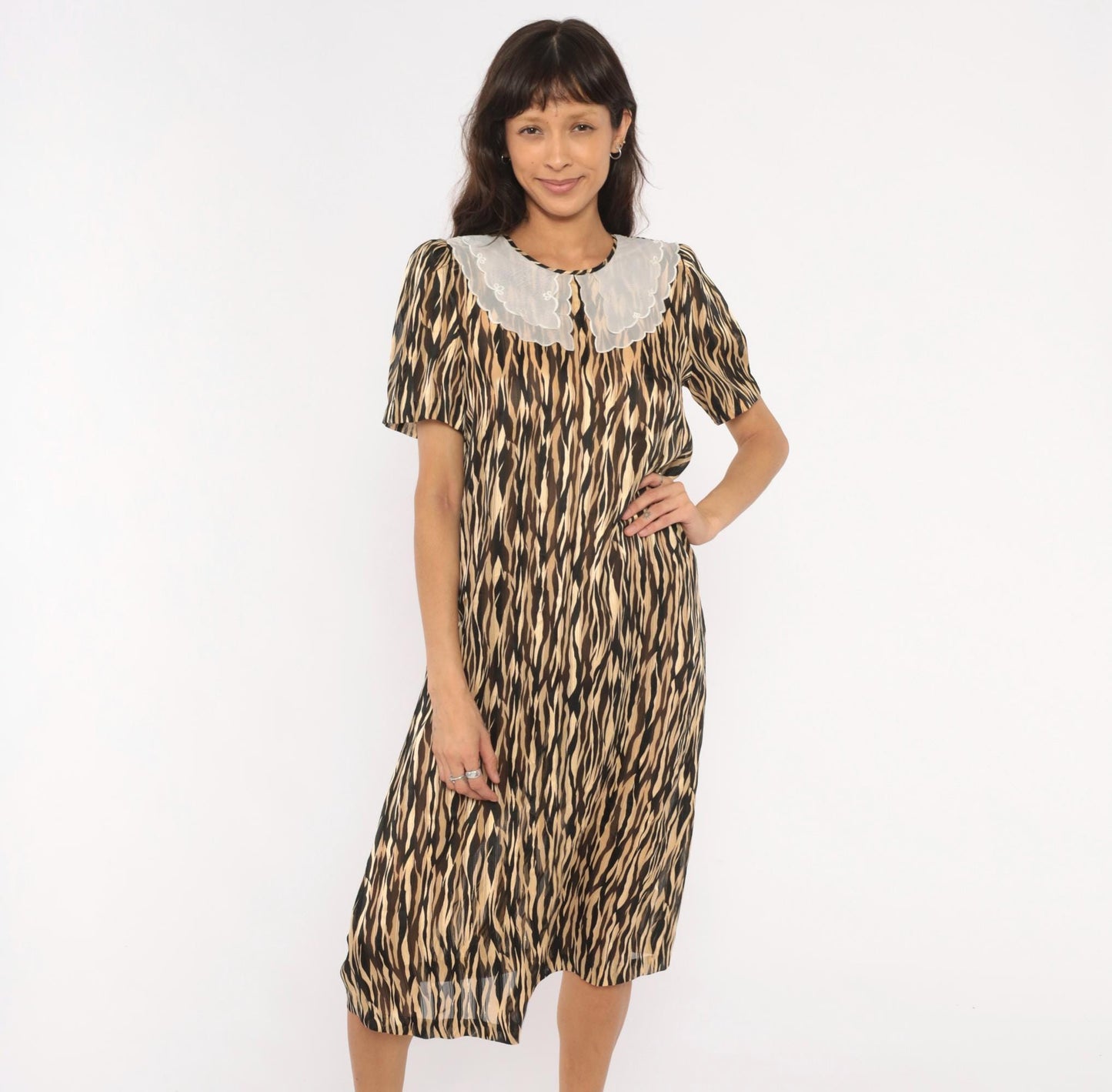 80s Animal Print Shift Dress Peter Pan Collar Tiger Stripe Midi Small