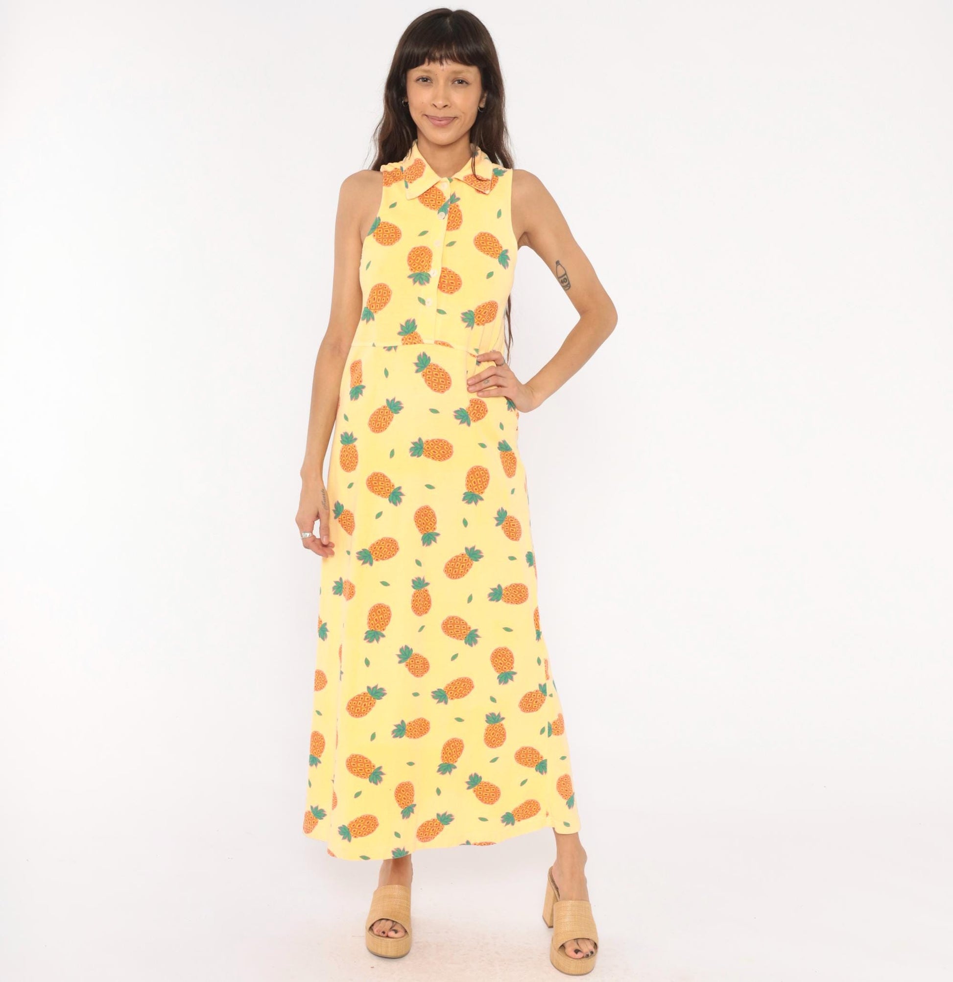 90s Zip Code Pineapple Print Maxi Dress Yellow Cotton Sleeveless Small