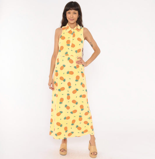 90s Zip Code Pineapple Print Maxi Dress Yellow Cotton Sleeveless Small