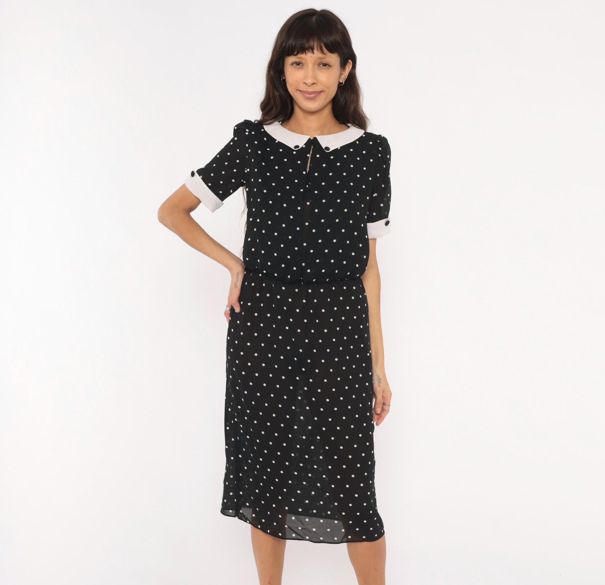 90s Farouche Black White Polka Dot Midi Dress Peter Pan Collar Small