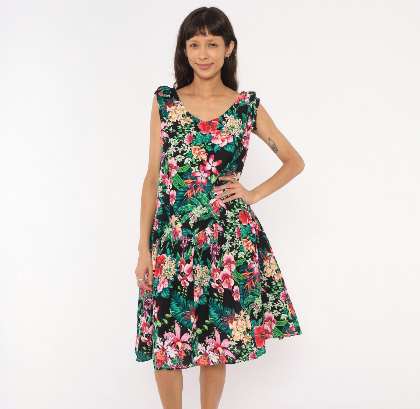 90s D.L. Originals Tropical Floral Sundress Black Pink Cotton Plus Size 1X