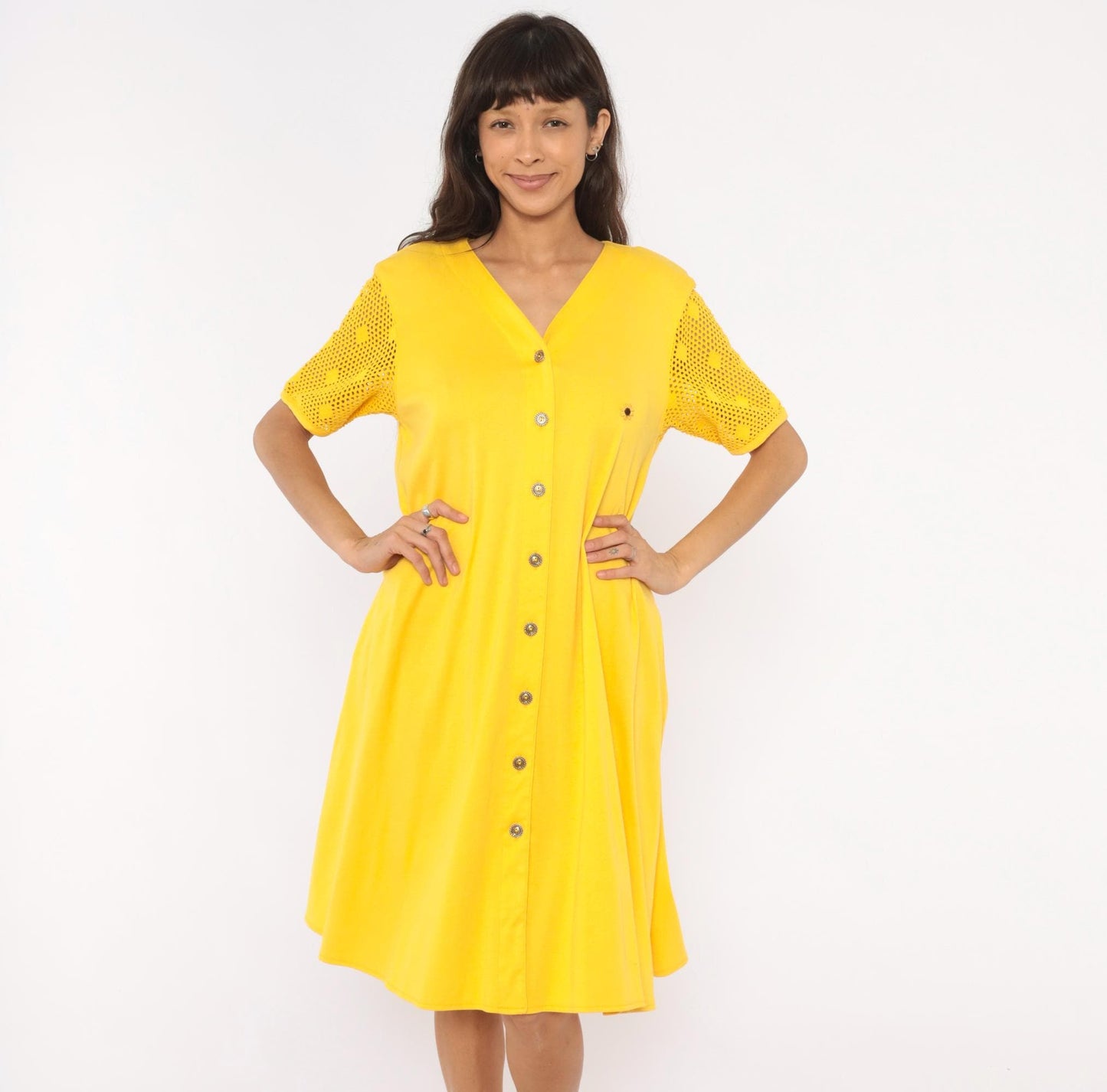 90s Leisure Living Sunflower Embroidered Dress Yellow Cotton Mesh Sleeve Small