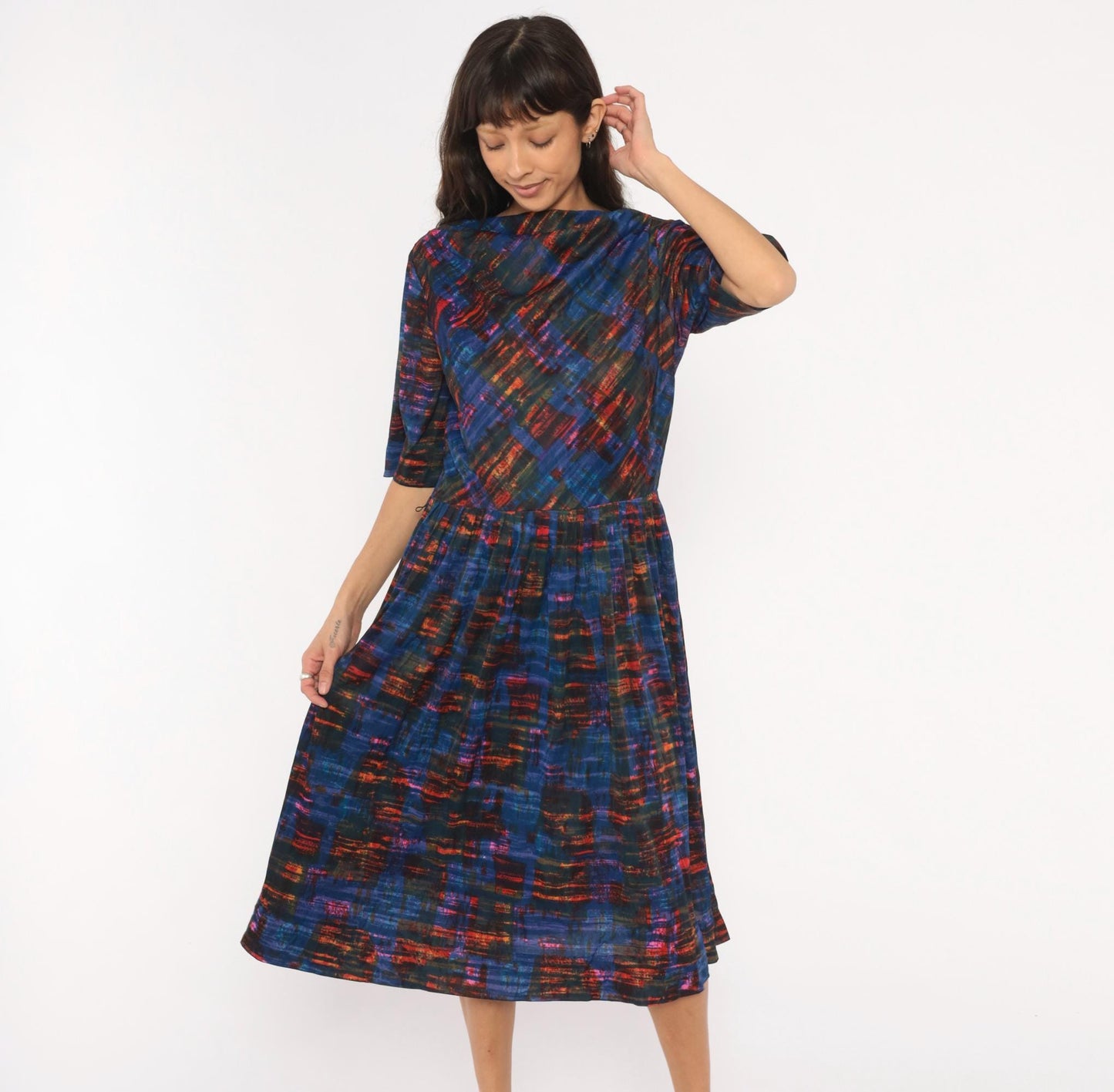 1960s L'Aiglon Cobalt Orange Plaid Dress Boat Neck Pleated Midi Large