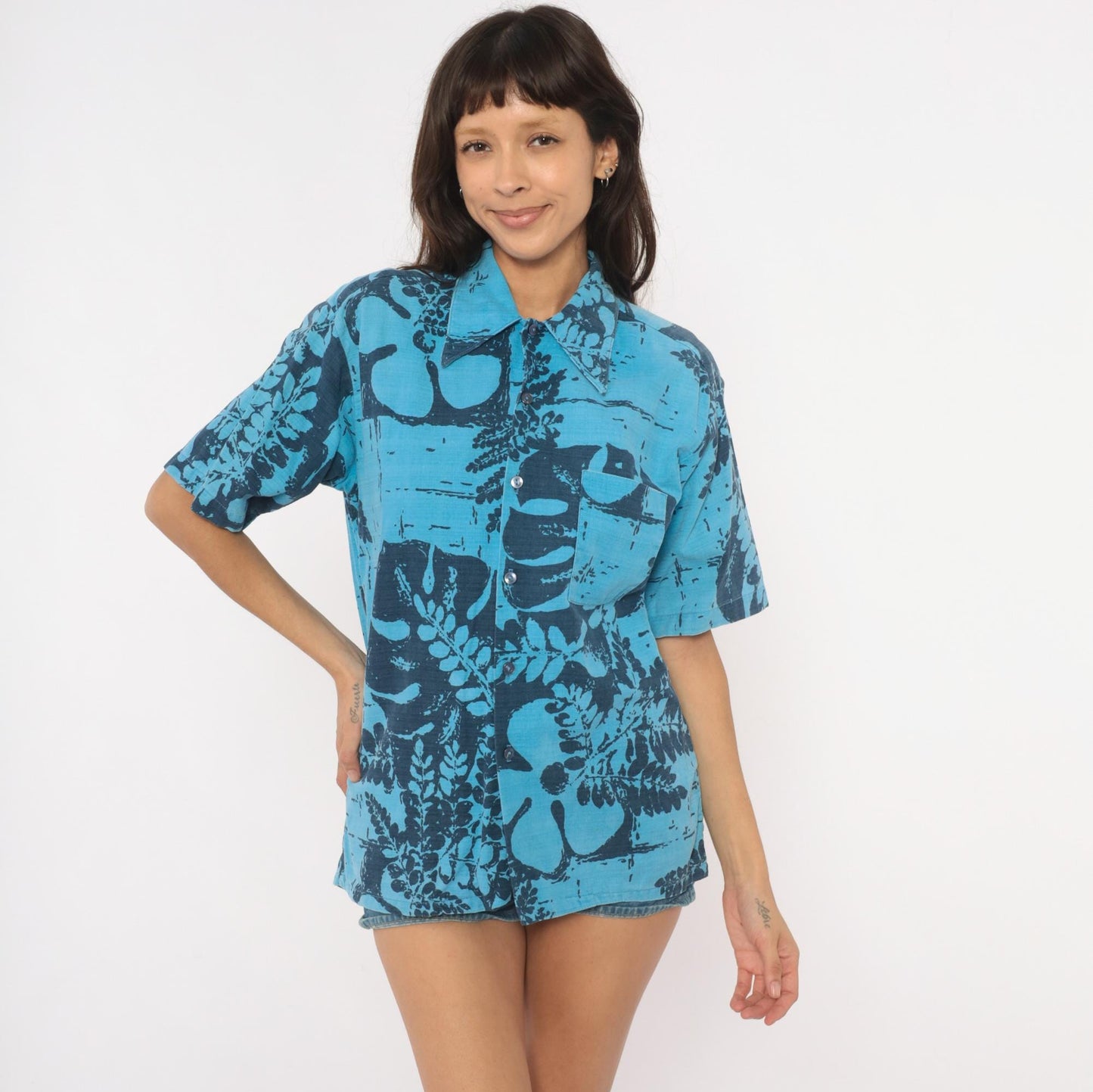 80s Alohawaii Hawaiian Shirt Blue Botanical Fern Cotton Camp Collar Medium