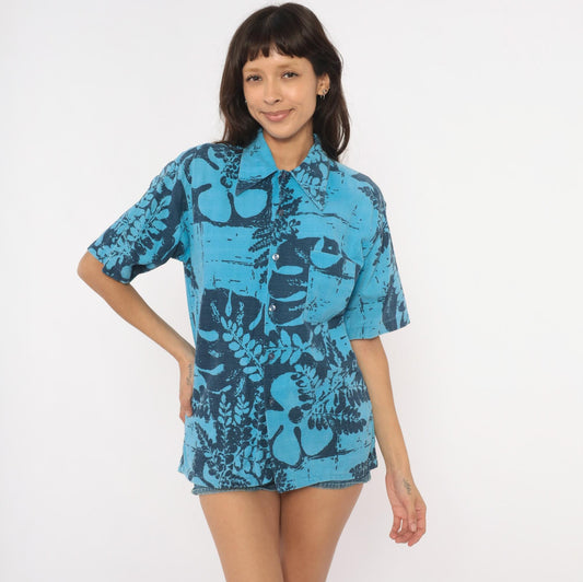 80s Alohawaii Hawaiian Shirt Blue Botanical Fern Cotton Camp Collar Medium