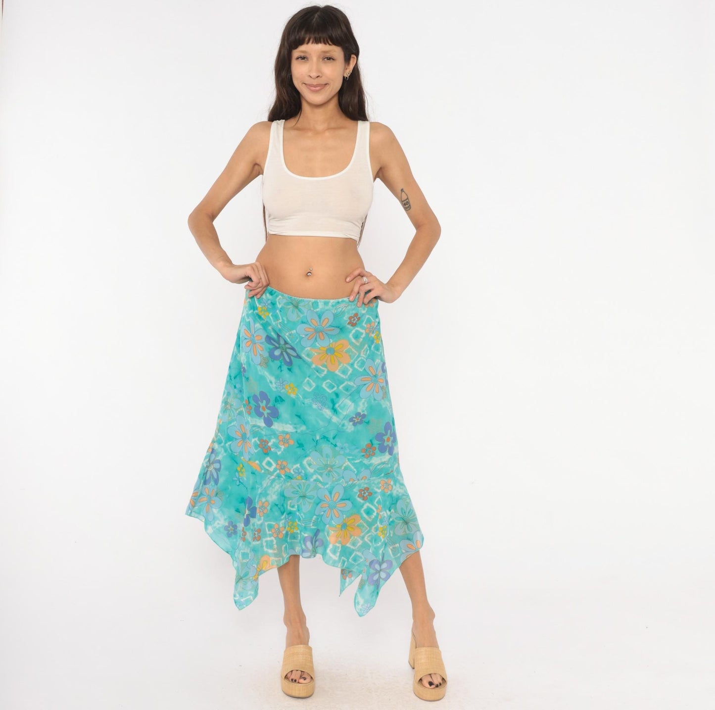 Y2K Millenium Psychedelic Handkerchief Midi Skirt Turquoise Floral Extra Large XXL