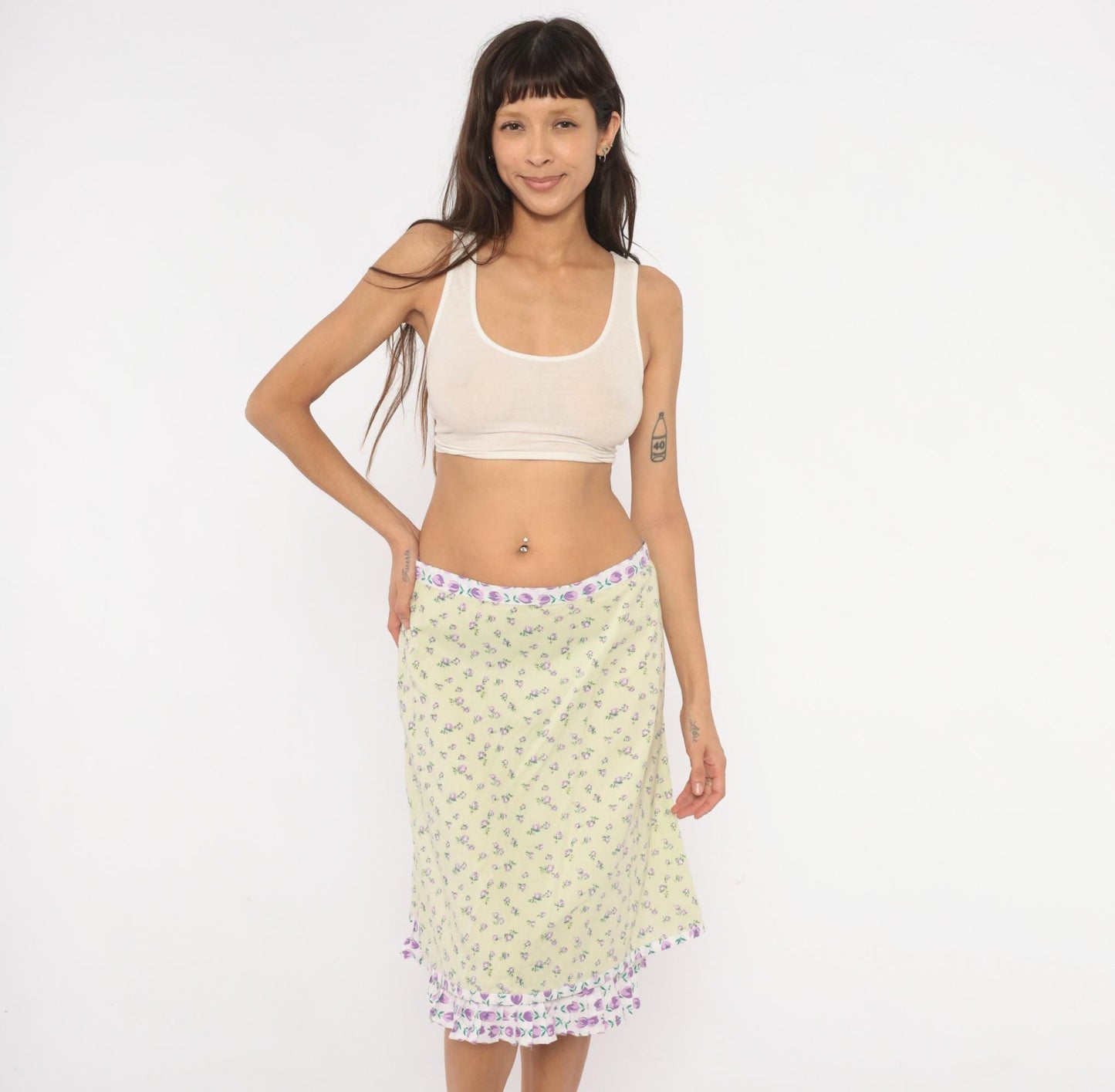 2000s Snak Floral A-Line Skirt Pale Green Purple Rose Print Knee-Length Medium M
