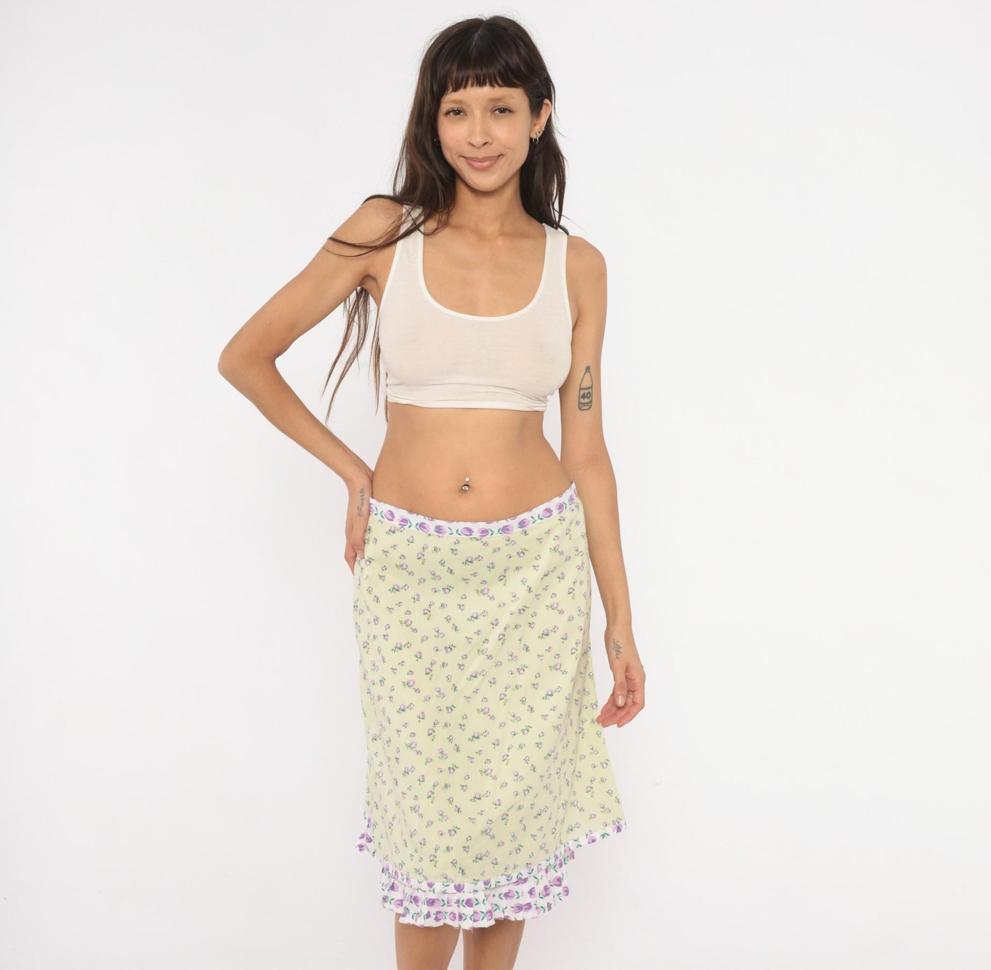 2000s Snak Floral A-Line Skirt Pale Green Purple Rose Print Knee-Length Medium M