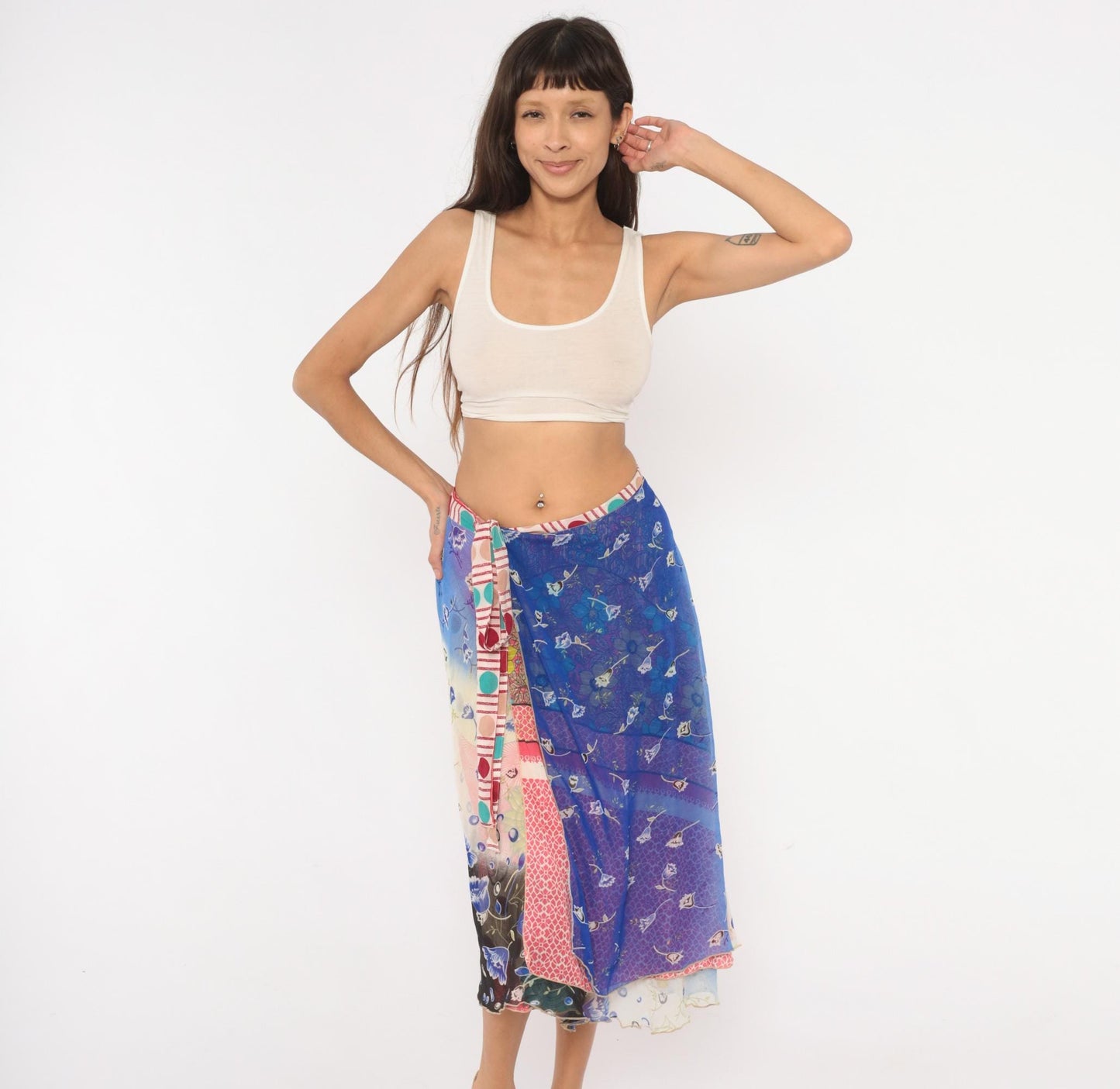 Y2K Kariza Reversible Wrap Midi Skirt Floral Patchwork Blue Pink Medium Large
