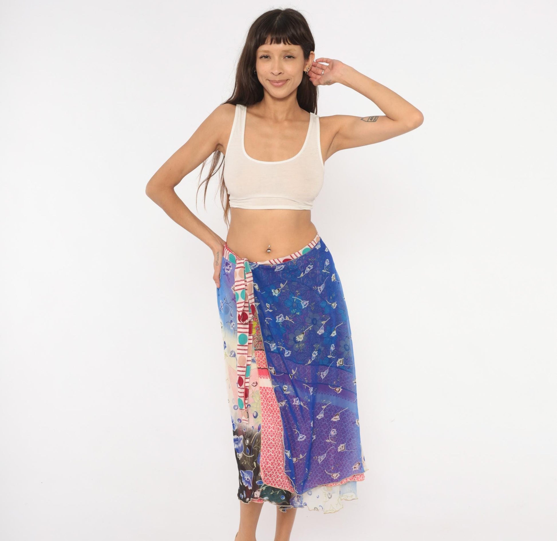 Y2K Kariza Reversible Wrap Midi Skirt Floral Patchwork Blue Pink Medium Large