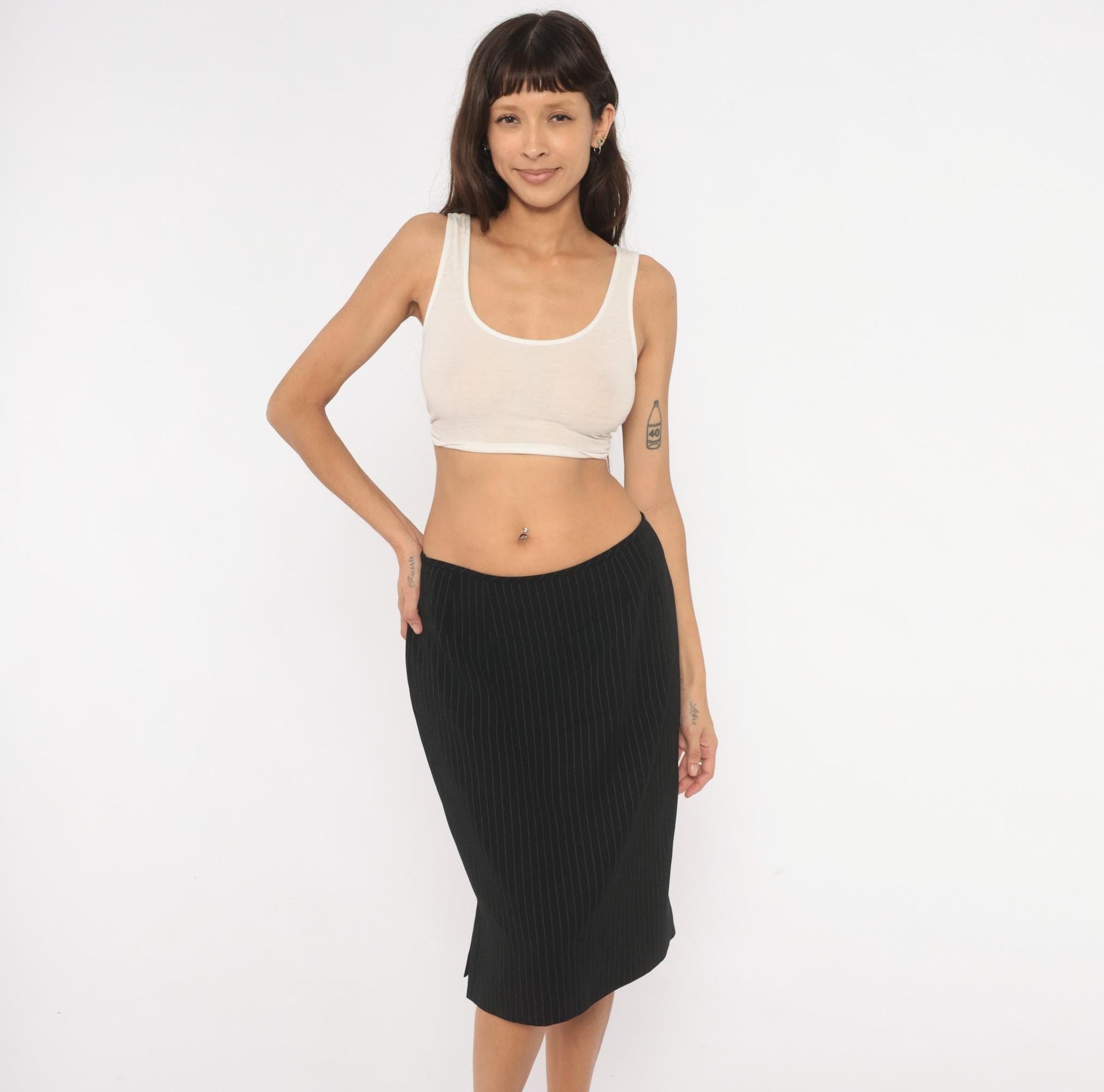 2000s Black Pinstripe A-Line Skirt White Stripe Knee-Length Medium M