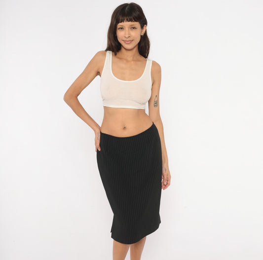 2000s Black Pinstripe A-Line Skirt White Stripe Knee-Length Medium M
