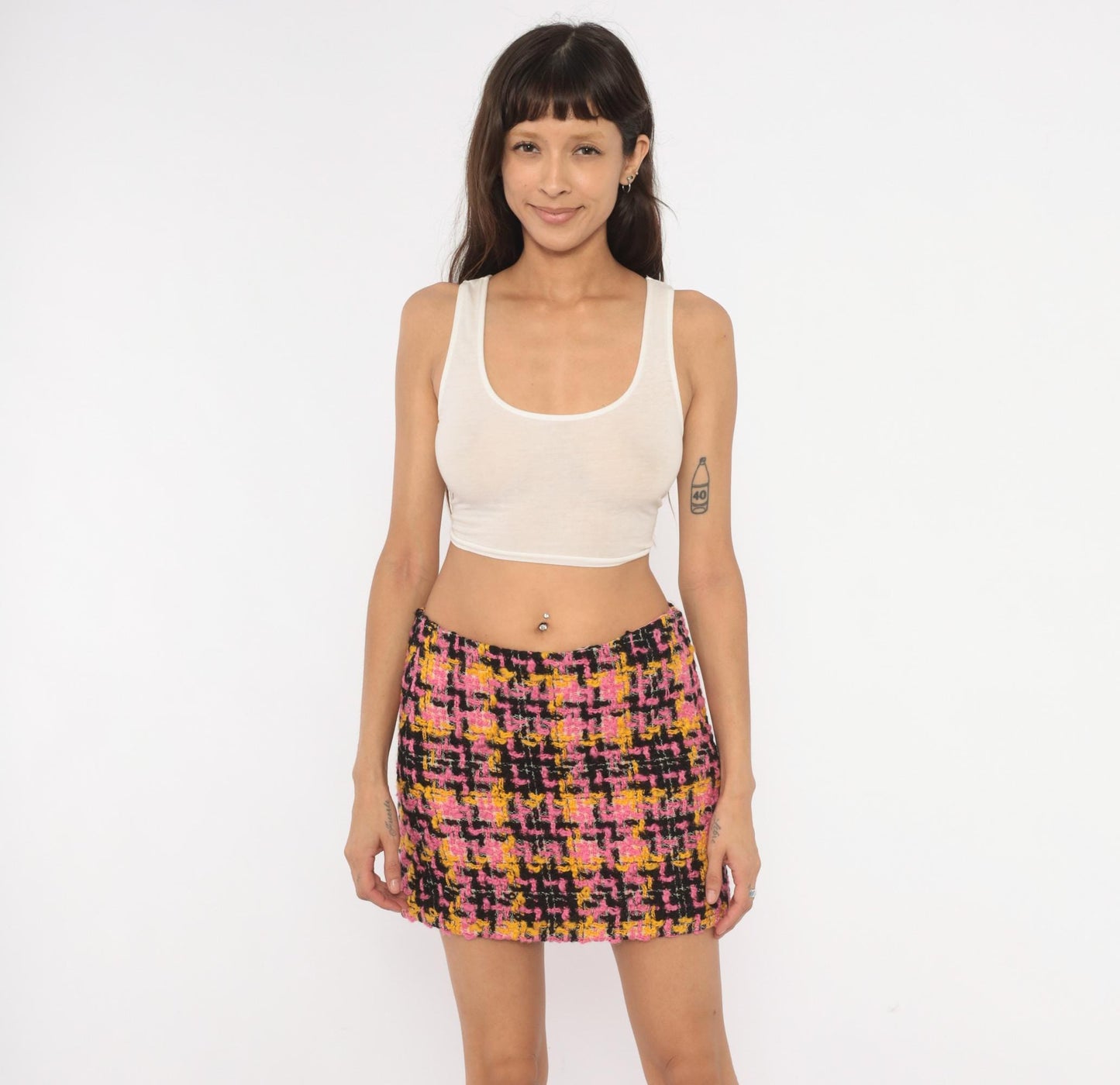 70s Milly Pink Houndstooth Tweed Mini Skirt Wool Plaid Small S