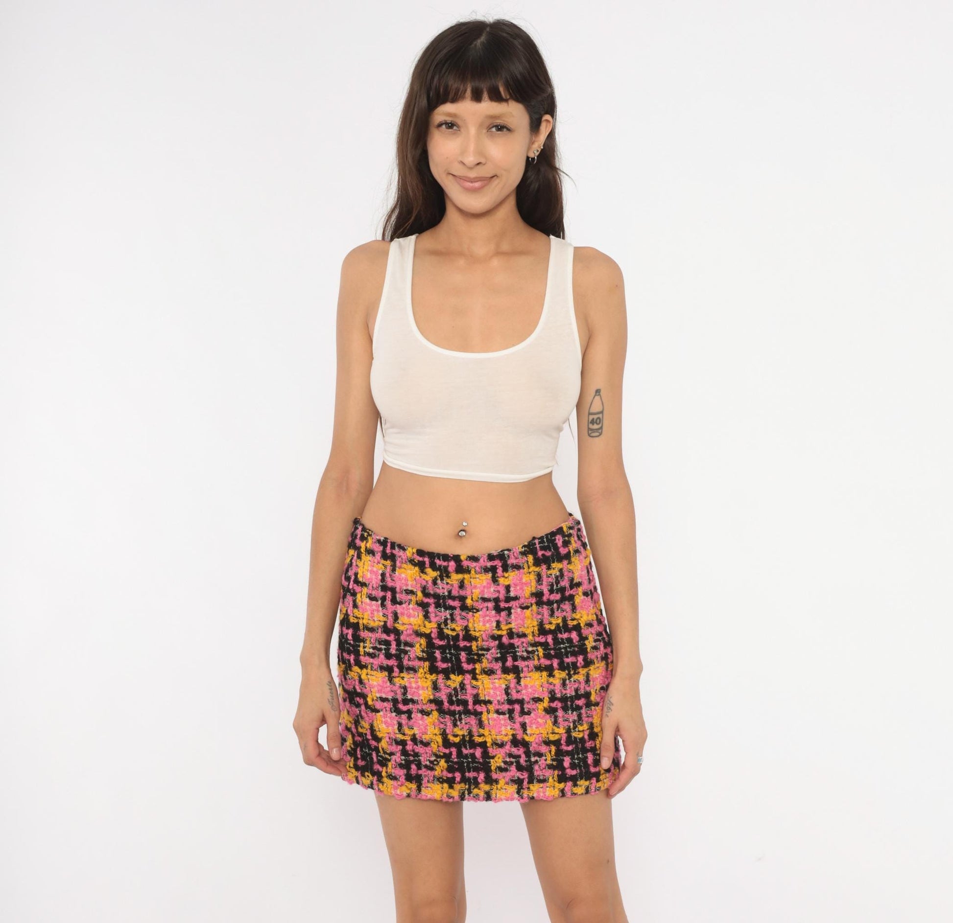 70s Milly Pink Houndstooth Tweed Mini Skirt Wool Plaid Small S