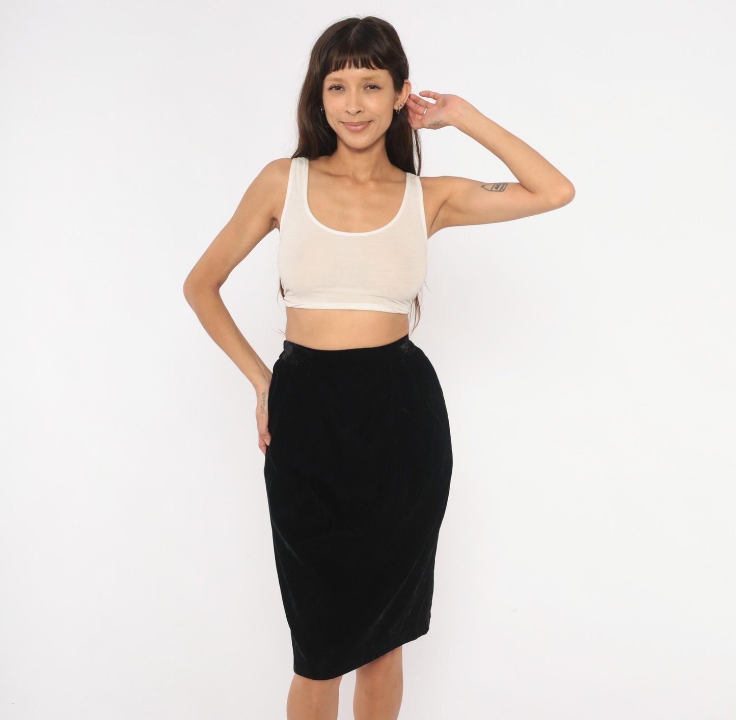 90s TanJay Black Velvet Pencil Skirt Knee-Length Small S