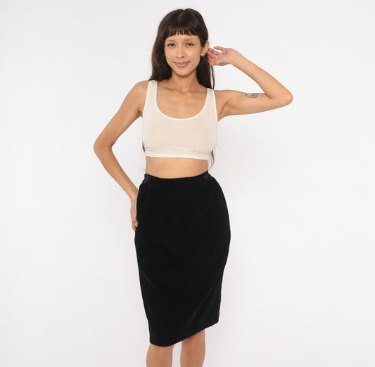 90s TanJay Black Velvet Pencil Skirt Knee-Length Small S