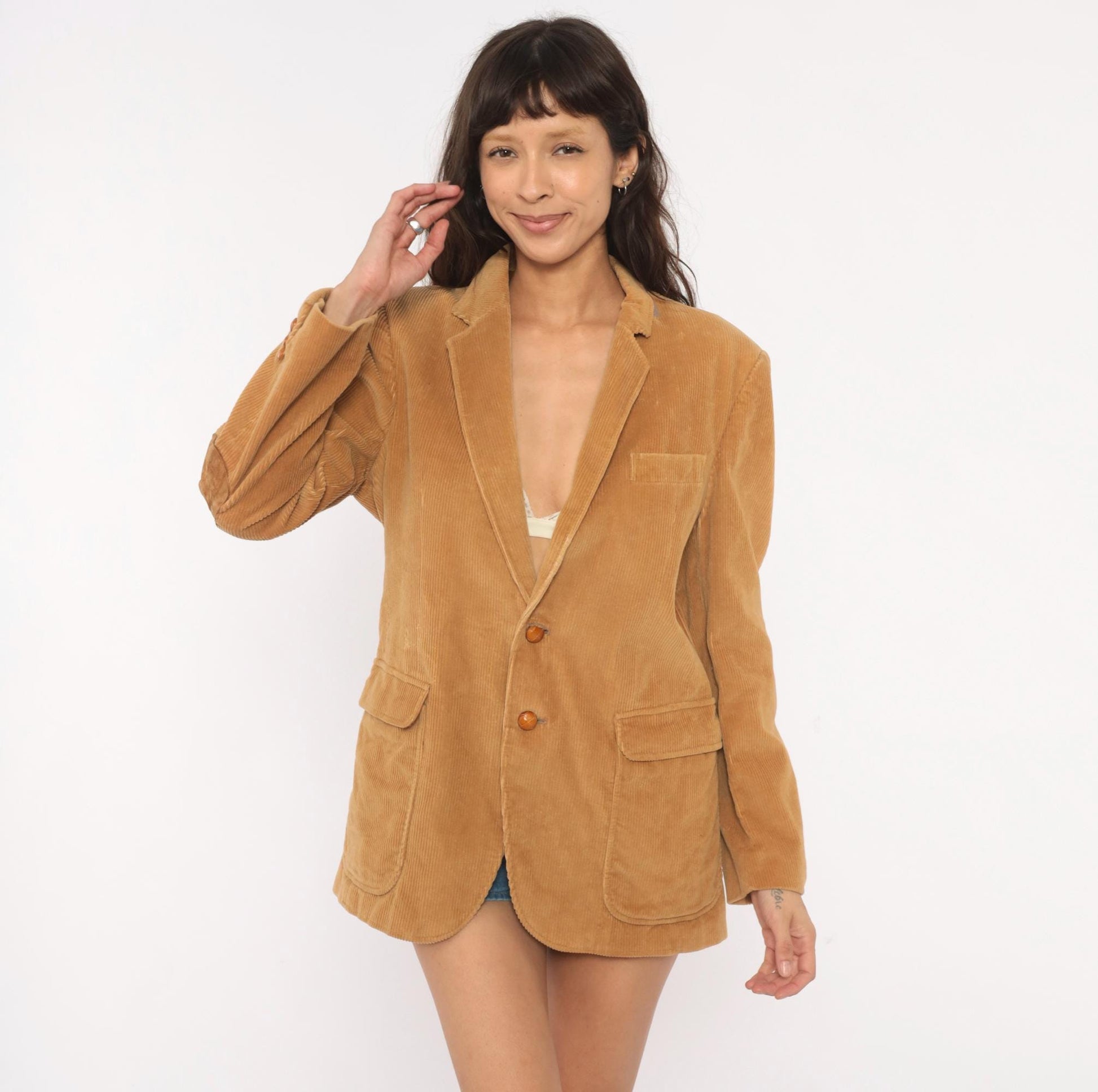80s Richman Corduroy Blazer Tan Suede Elbow Patch Two Button Medium
