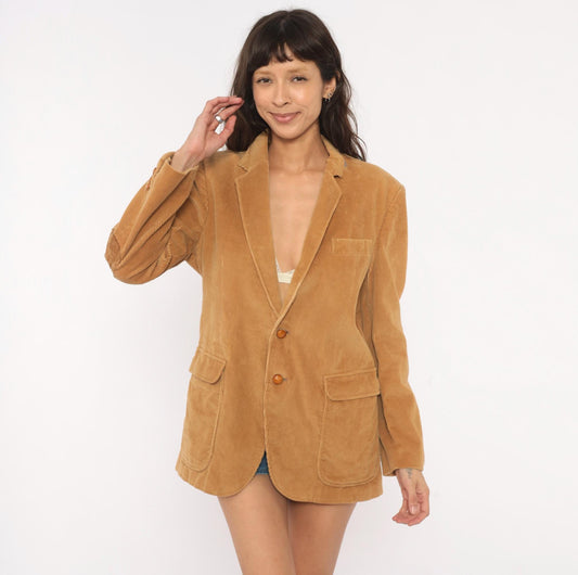 80s Richman Corduroy Blazer Tan Suede Elbow Patch Two Button Medium