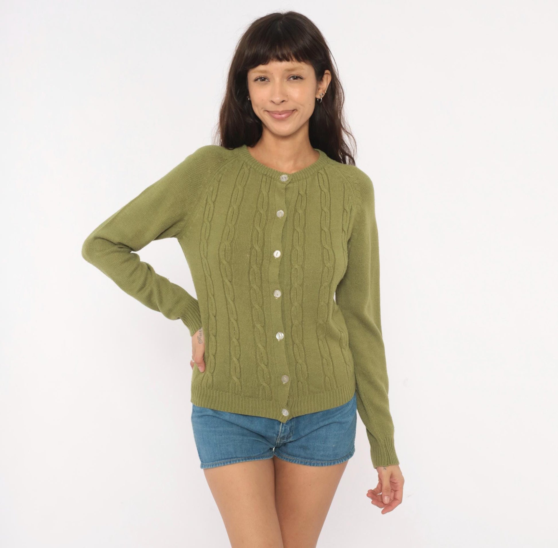 80s Olive Cable Knit Cardigan Crew Neck Button Front Raglan Sleeve Extra Small