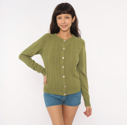 80s Olive Cable Knit Cardigan Crew Neck Button Front Raglan Sleeve Extra Small