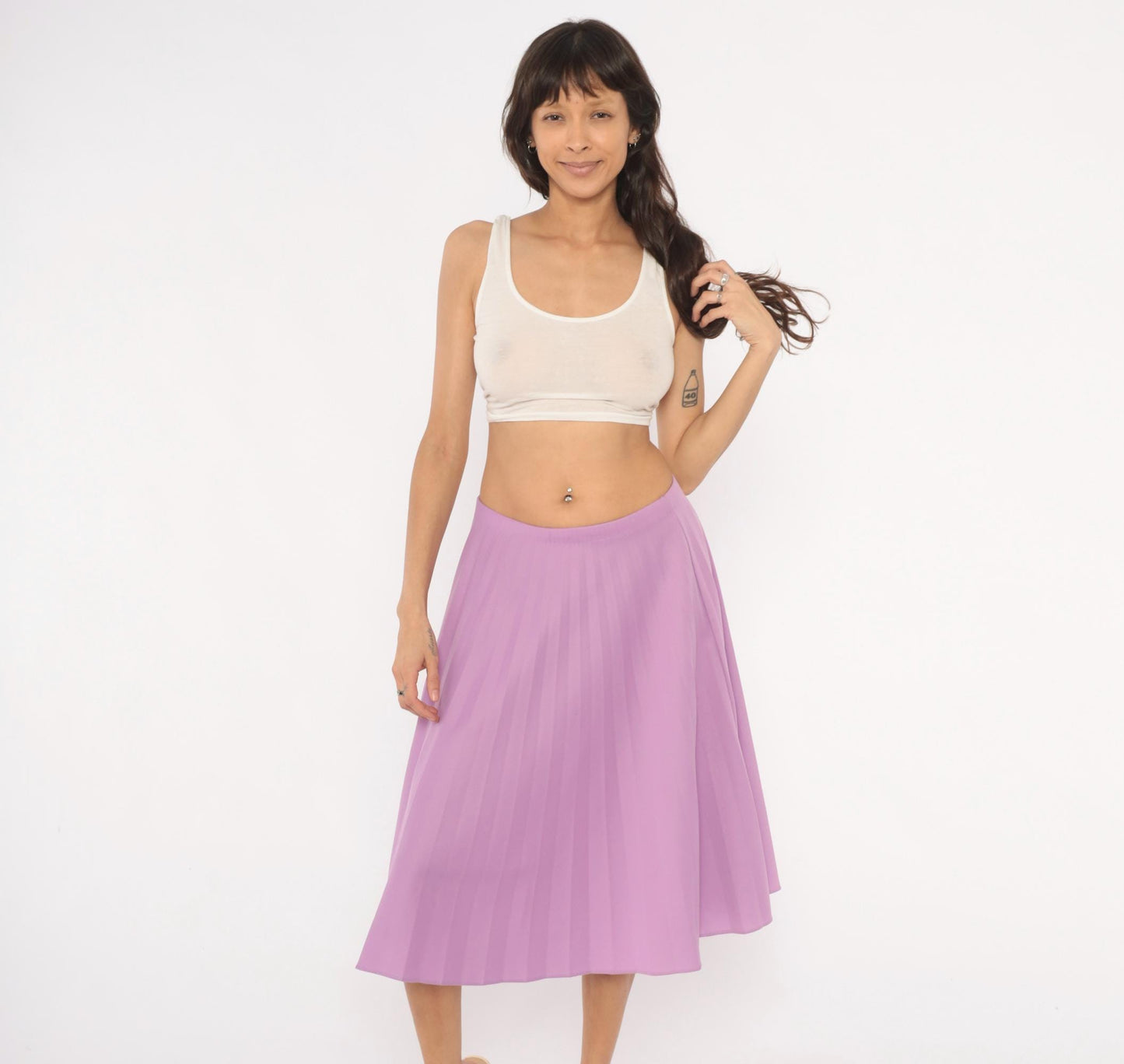70s Lilac Pleated A-Line Skirt Purple Swing Elastic Waist Medium Large