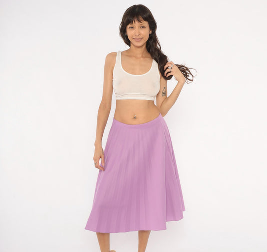 70s Lilac Pleated A-Line Skirt Purple Swing Elastic Waist Medium Large