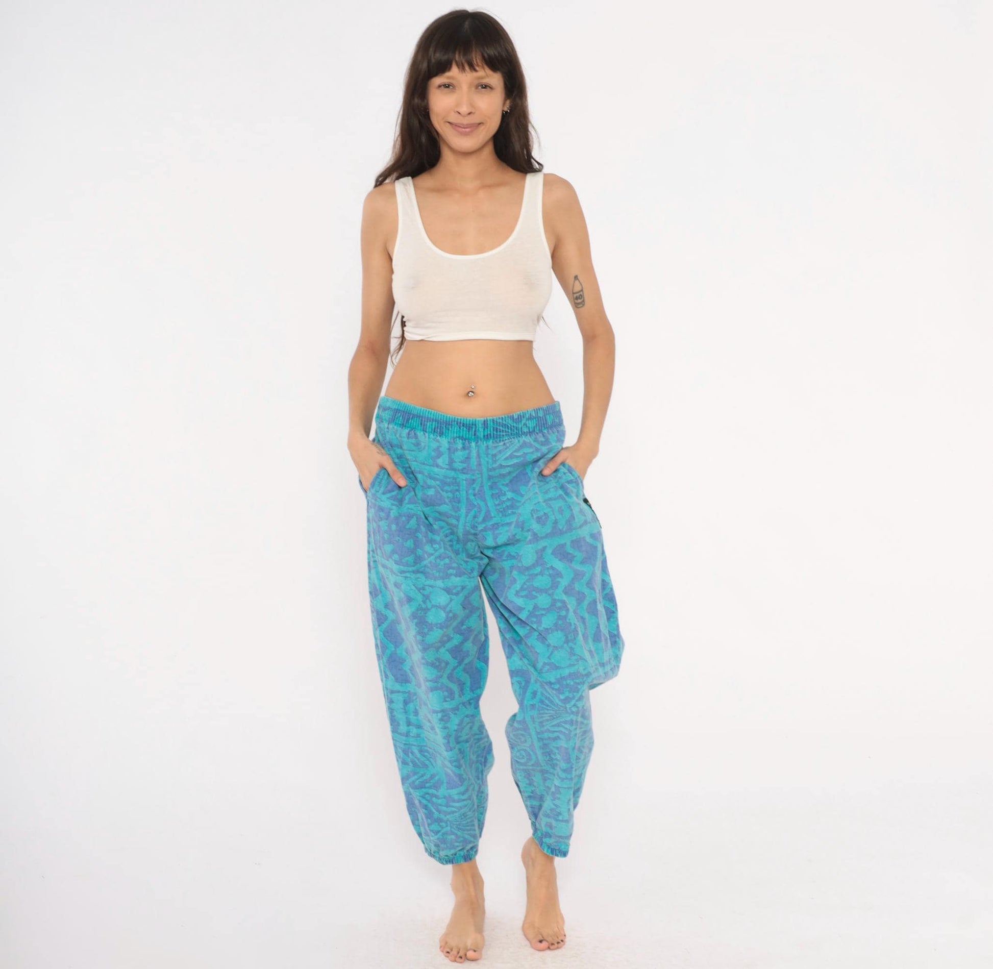90s Ego Sportswear Tribal Joggers Teal Purple Abstract Geometric Medium