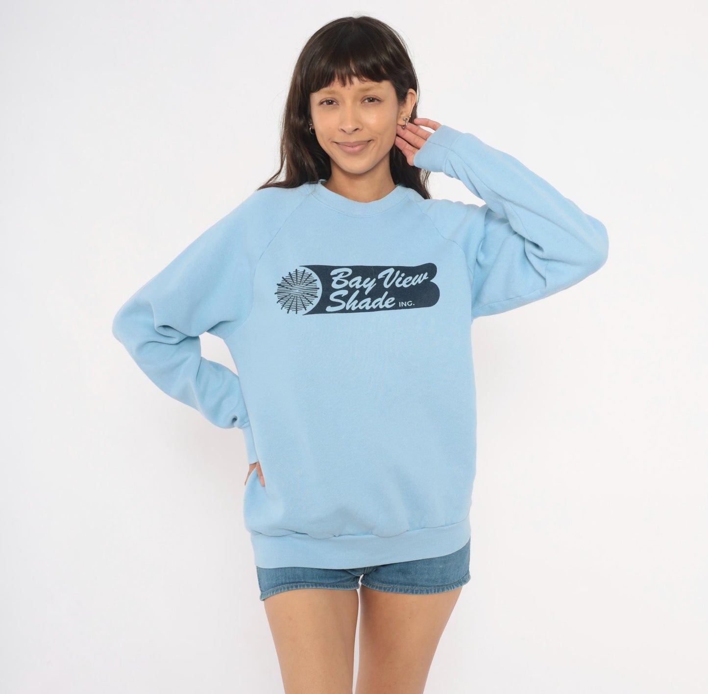 80s Fruit of the Loom Bay View Shade Inc Raglan Sweatshirt Powder Blue Large L