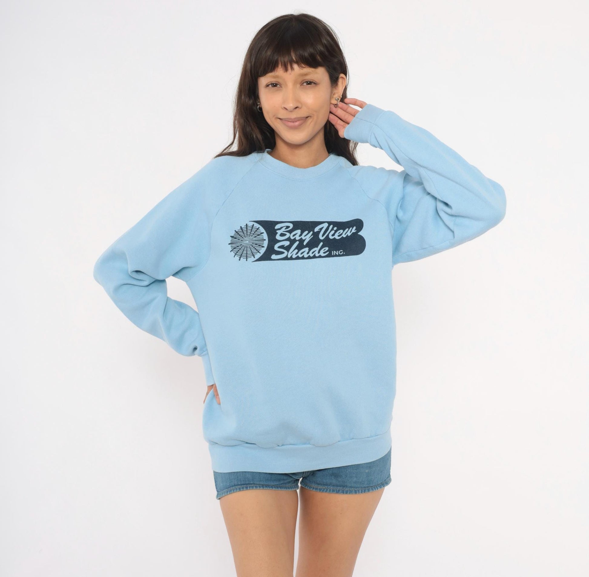 80s Fruit of the Loom Bay View Shade Inc Raglan Sweatshirt Powder Blue Large L