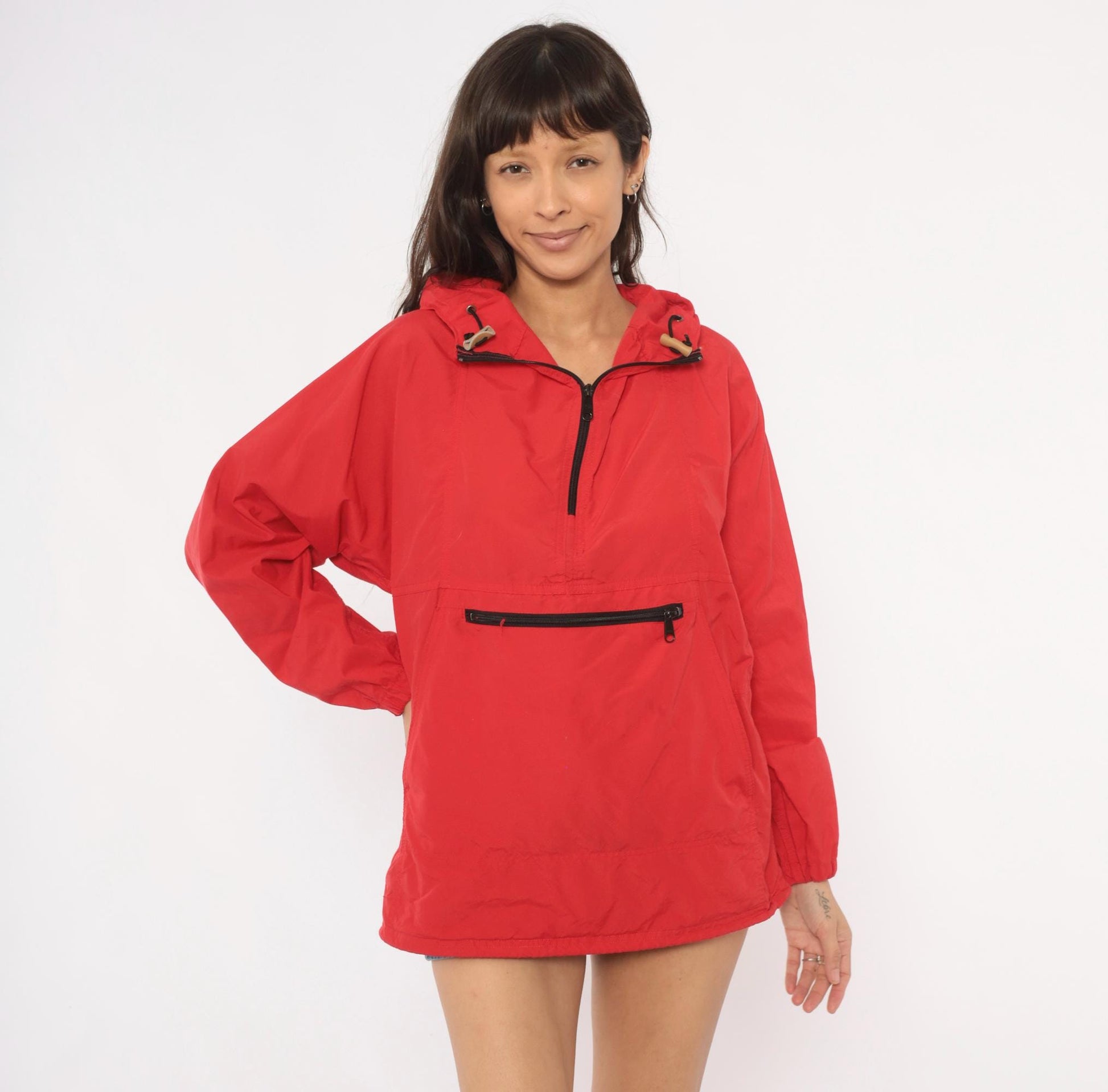 80s L.L.Bean Red Anorak Half-Zip Hooded Windbreaker Medium M