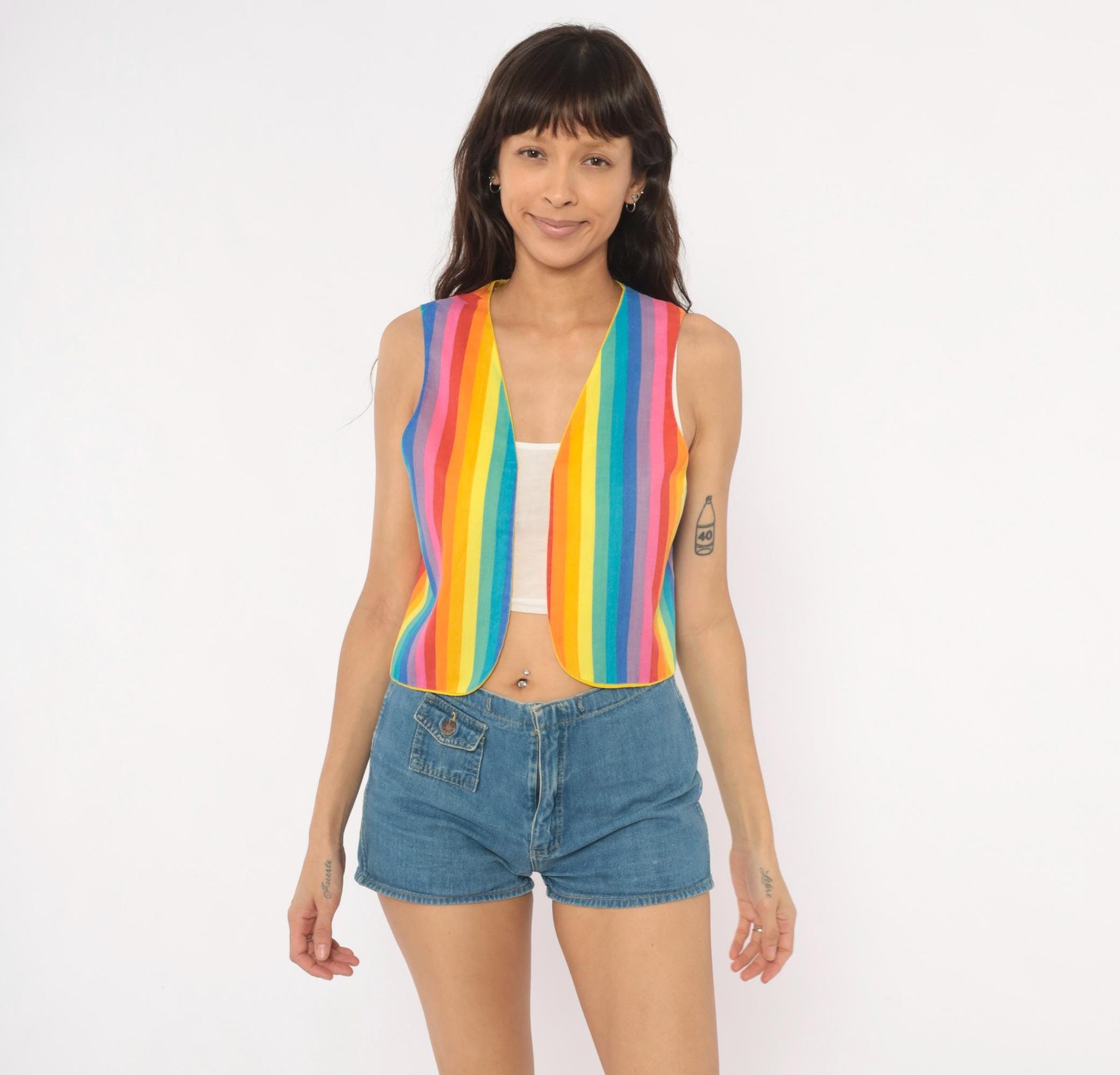 80s Rainbow Stripe Cotton Vest Reversible Yellow Lined Cropped Waistcoat Small