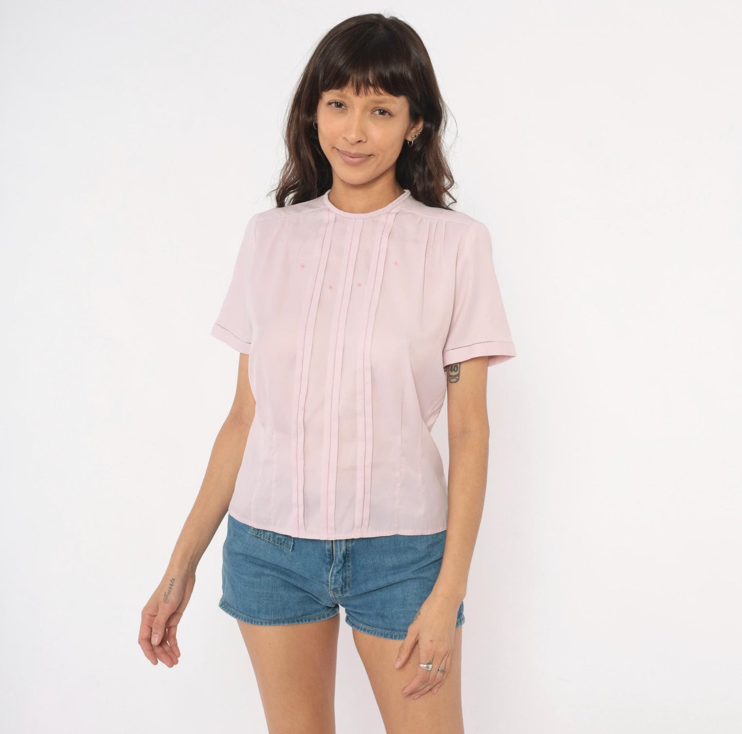 70s Mode de Paris Blush Pintuck Blouse Embroidered Star Crew Neck Medium