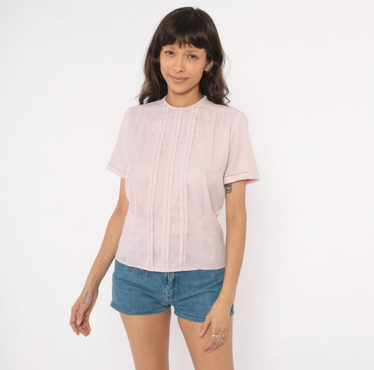 70s Mode de Paris Blush Pintuck Blouse Embroidered Star Crew Neck Medium