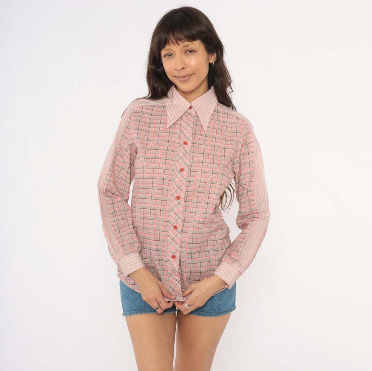 80s Plaid Button-Front Blouse Red Black Glen Check Pointed Collar Small