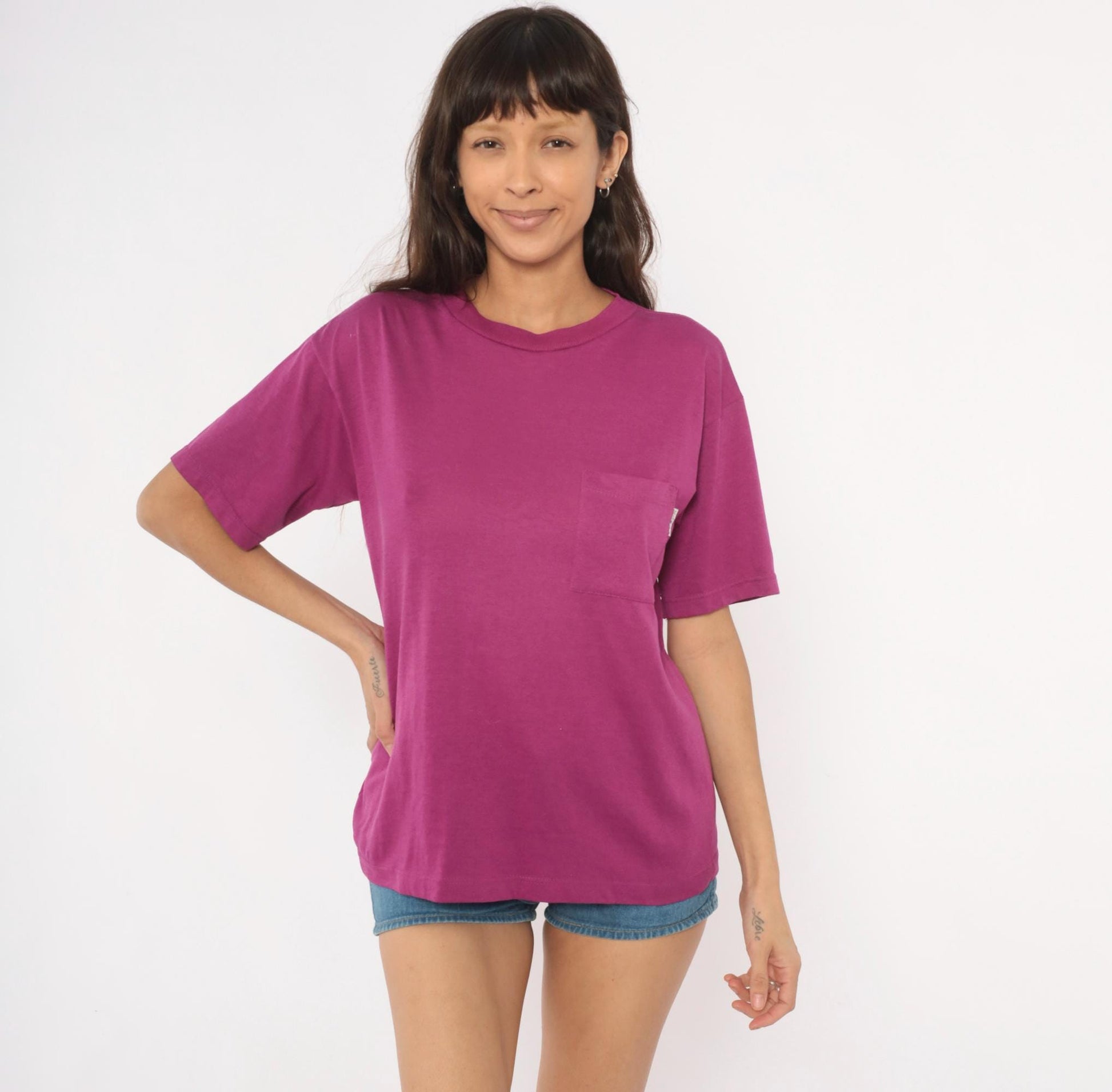 80s Plum Pocket Tee Cotton Crew Neck Boxy Short Sleeve Medium