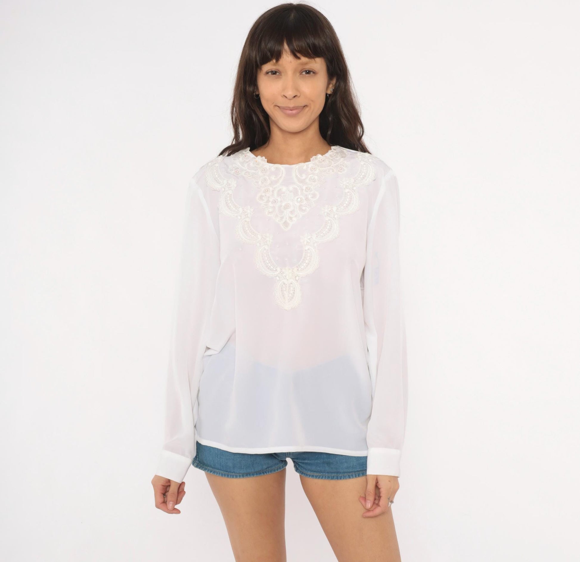80s Kathy Che Beaded Lace Applique Chiffon Blouse White Long Sleeve Large